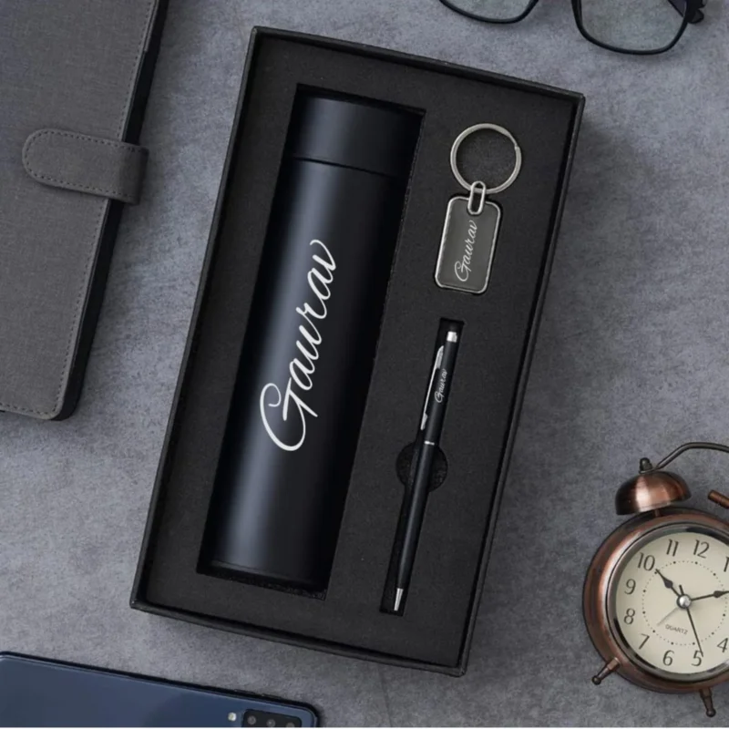 Personalized Gift Set - 3-in-1 Stainless Steel Water Bottle, Metal Key Chain & LED Pen